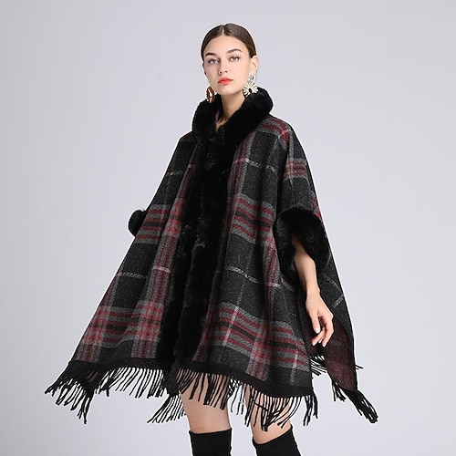 Fur collar shawl - black