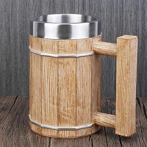 Square handle wooden barrel beer mug
