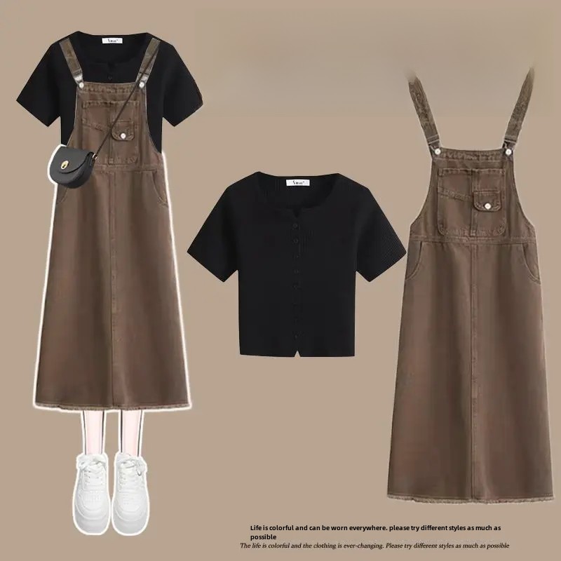 Black T-shirt + Denim suspender skirt [two-piece set]]