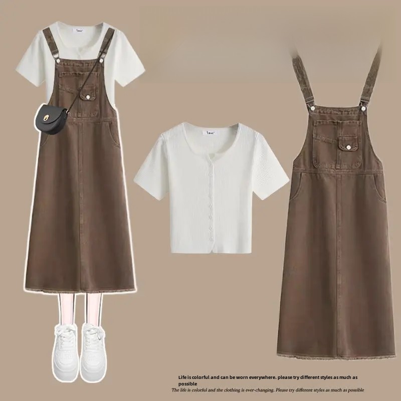 White T-shirt + Denim suspender skirt [two-piece set]]