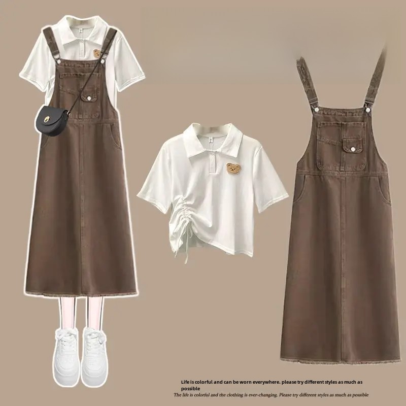 Short-sleeved T-shirt + Denim suspender skirt [two-piece set]]